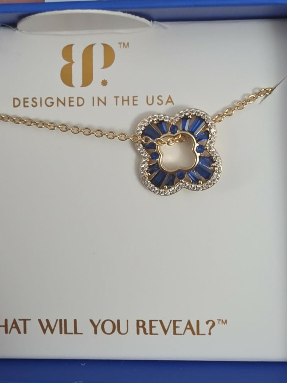 bp Gold Clover Pendant Necklace with Blue Stones